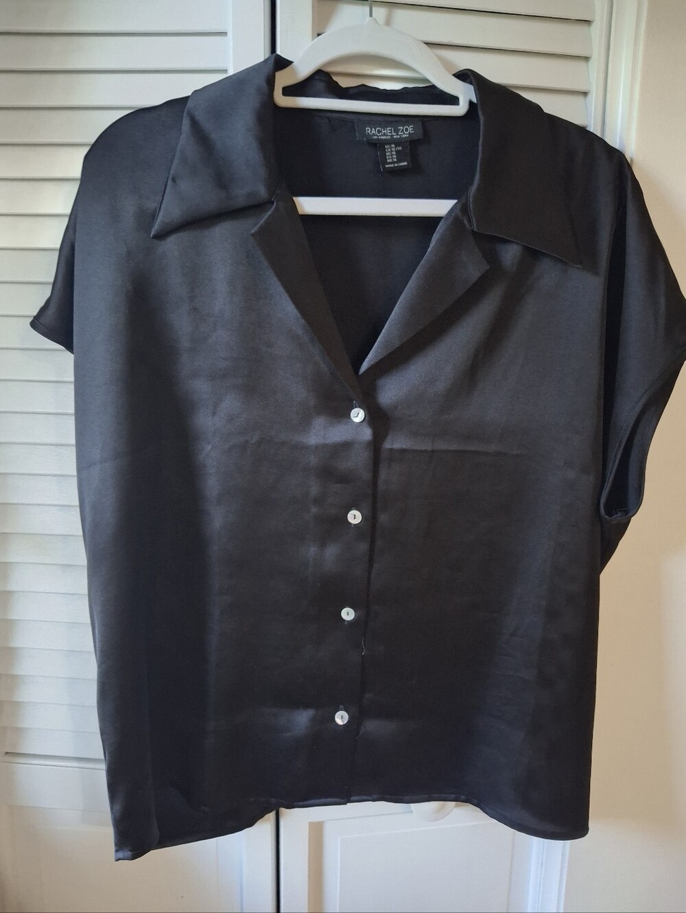 Rachel Zoe Black Satin Short Sleeve Button-Up Blouse